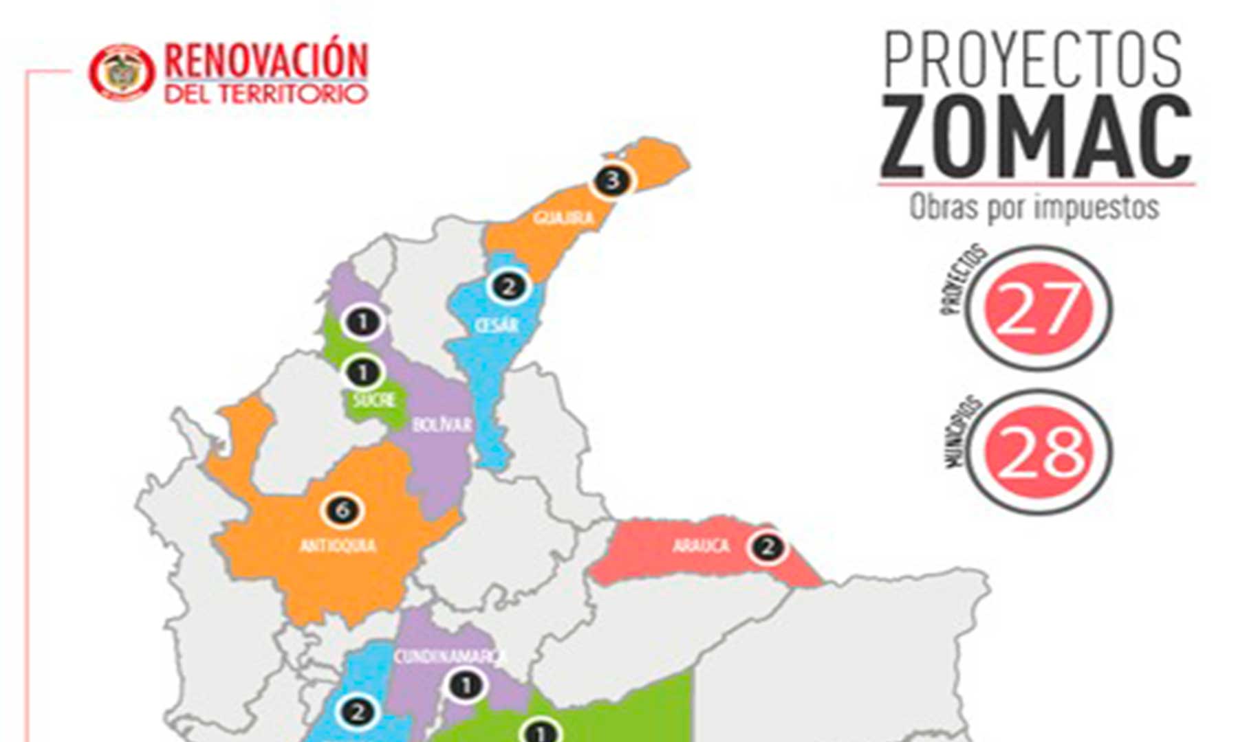 Un mapa de las provincias en Zomac con los primeros 27 proyectos bajo Obras por Impuestos.