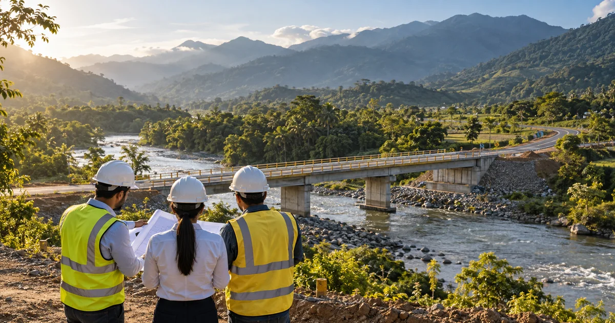 Equipo técnico revisa planos frente a un puente y una carretera en una región colombiana