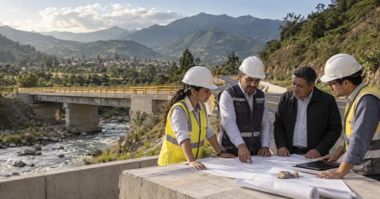 Equipo técnico y representante institucional revisan planos de un puente público en un territorio andino.