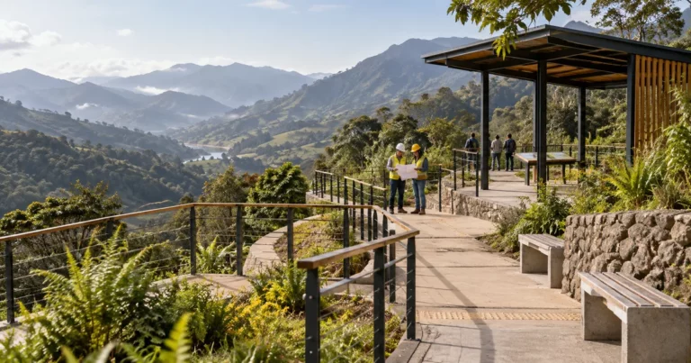 Sendero y mirador de uso público en un paisaje montañoso colombiano.